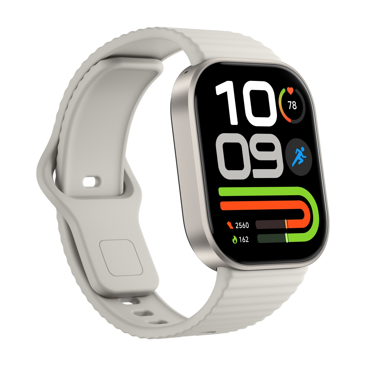 Uno smartwatch grigio con cinturino in silicone chiaro mostra un quadrante digitale con dati di attività su sfondo bianco.