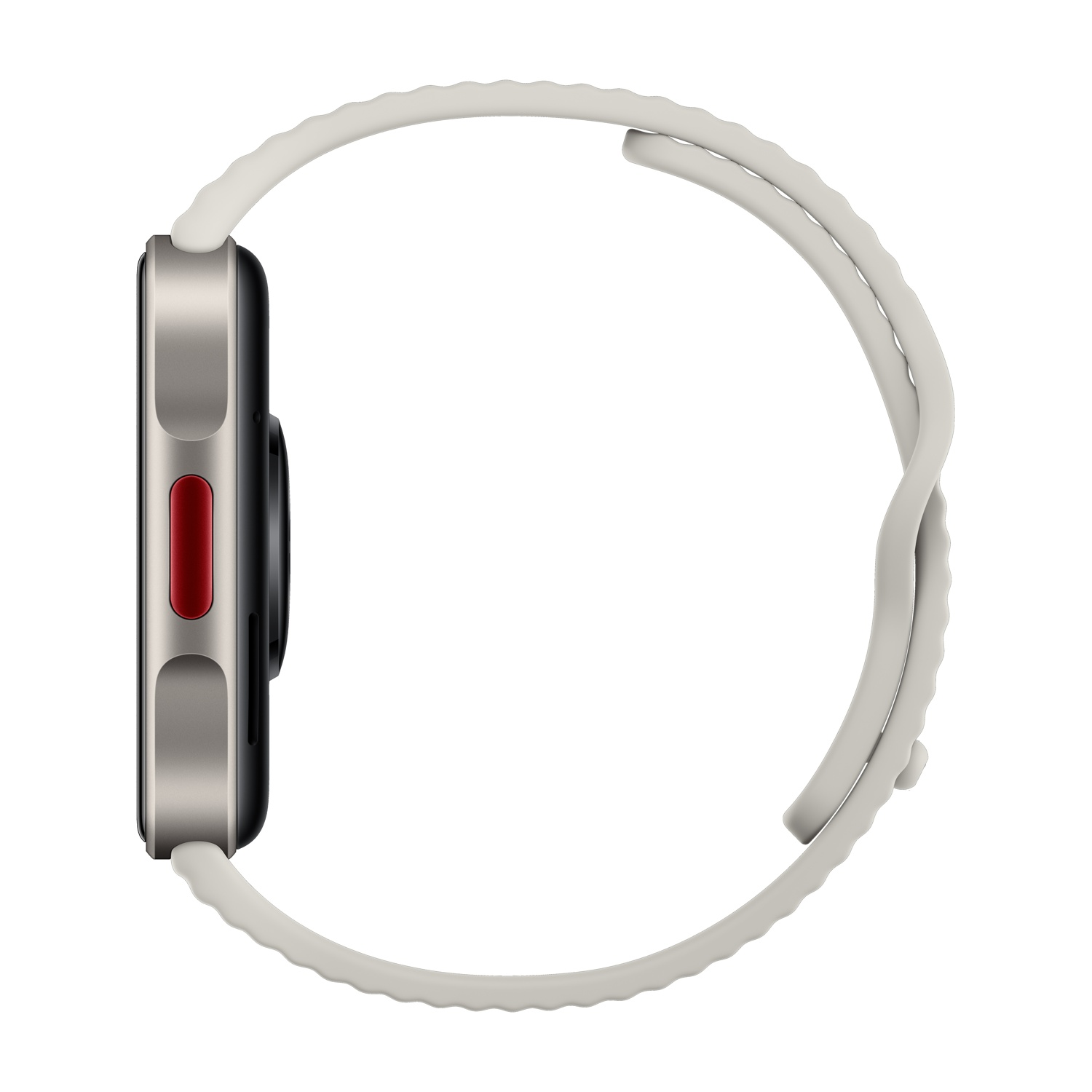 Vista laterale di uno smartwatch con cassa grigia, pulsante rosso e cinturino bianco testurizzato su sfondo bianco.