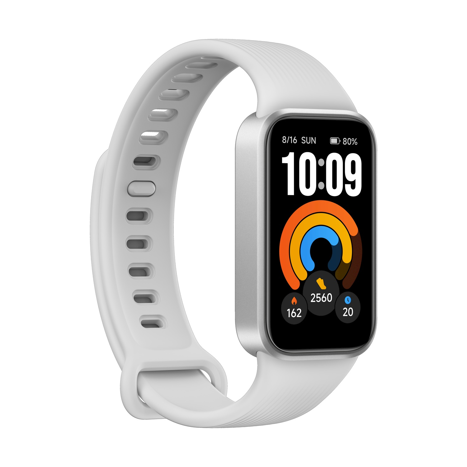 Uno smartwatch argento con cinturino in silicone bianco mostra l'ora 10:09 e i dati di attività su schermo nero.