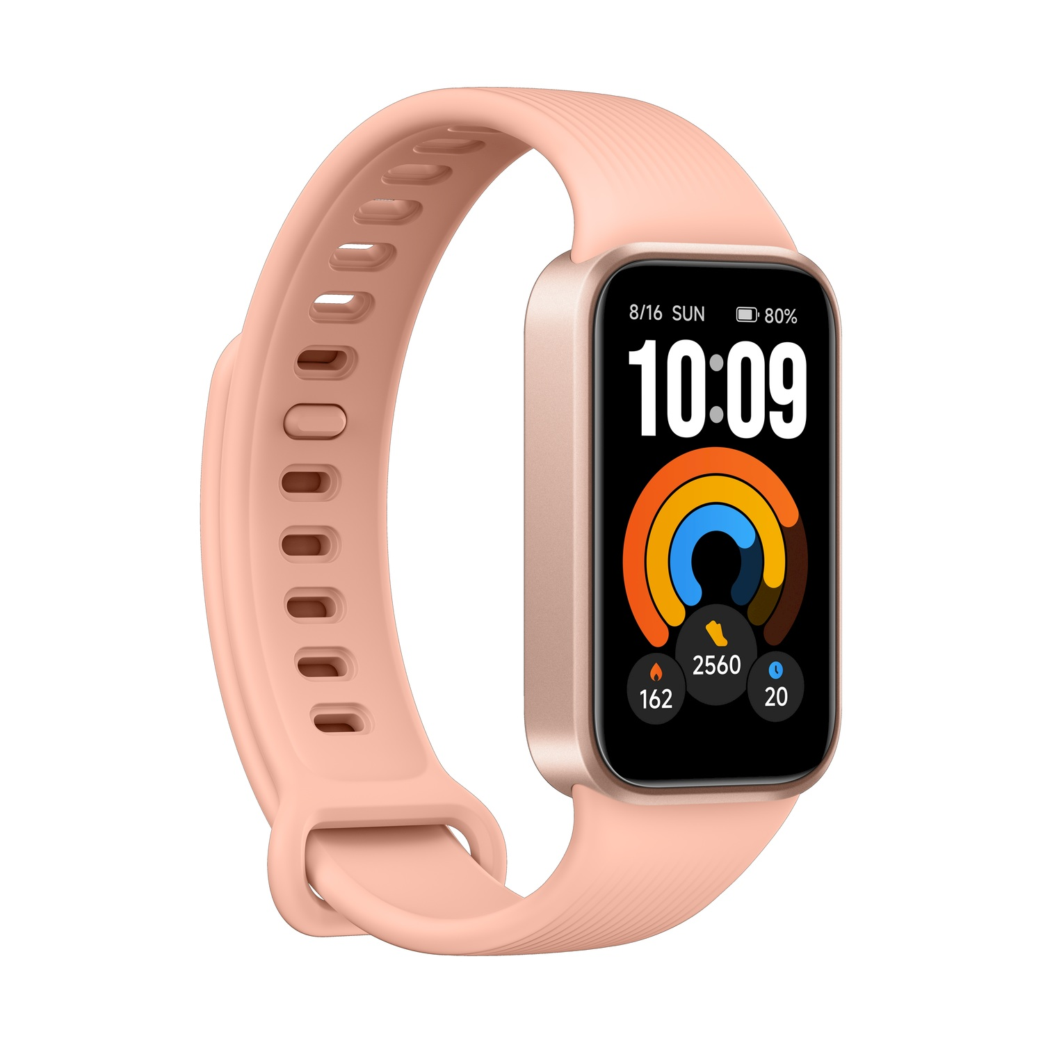 Smartband rosa con display rettangolare, orologio digitale e anello di attività arcobaleno su sfondo bianco.