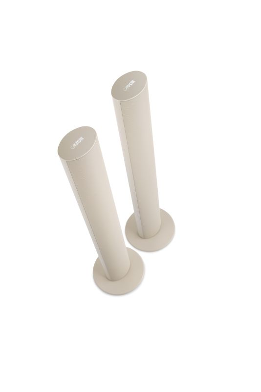 Zwei schlanke, beige Canton Standlautsprecher stehen auf runden Sockeln vor weißem Hintergrund.