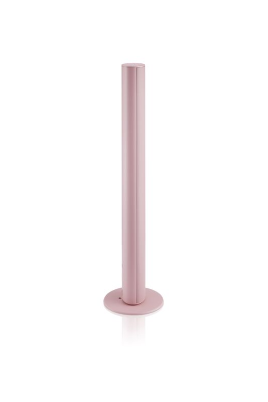 Ein minimalistischer rosa Zylinder auf einer runden Basis vor weißem Hintergrund.