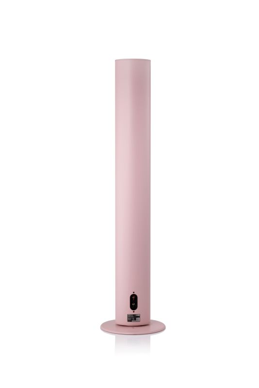 Eine hohe, zylindrische, rosa Standleuchte mit rundem Sockel vor weißem Hintergrund.