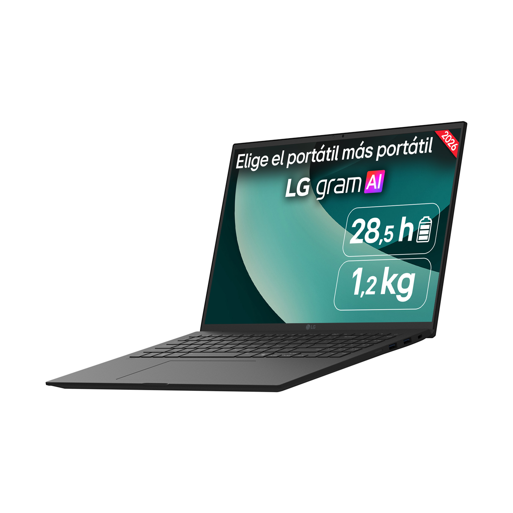 Un portátil negro LG Gram AI muestra texto promocional de duración de batería y peso en pantalla.