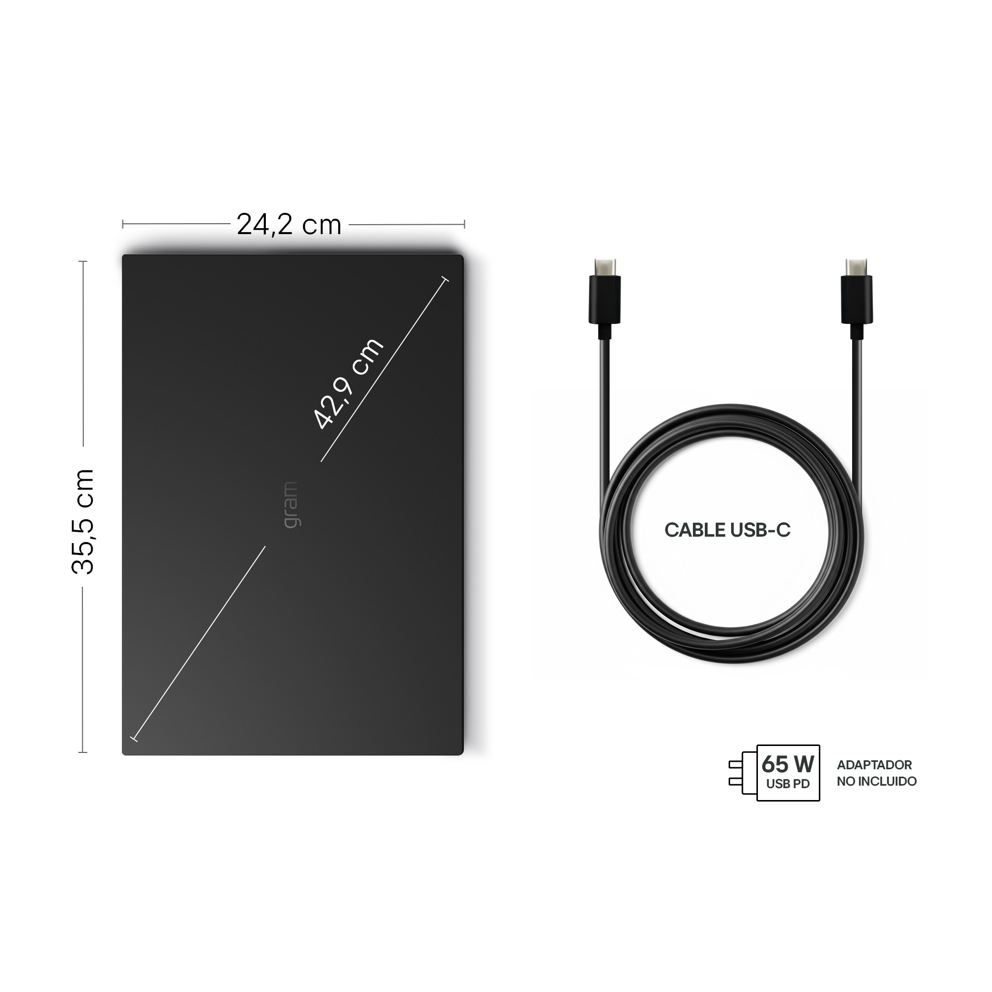 Dimensiones de laptop de 24.2x35.5x42.9 cm, cable USB-C y aviso de adaptador de 65W no incluido.