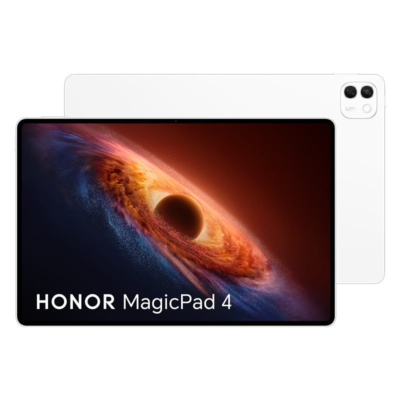 Tablet Honor MagicPad 4 en blanco, con fondo de pantalla colorido y cámara trasera.