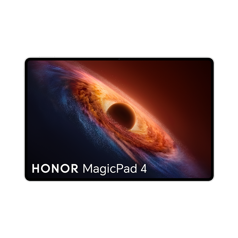 Tablet Honor MagicPad 4 sobre fondo negro con gráficos de pantalla cósmicos coloridos.