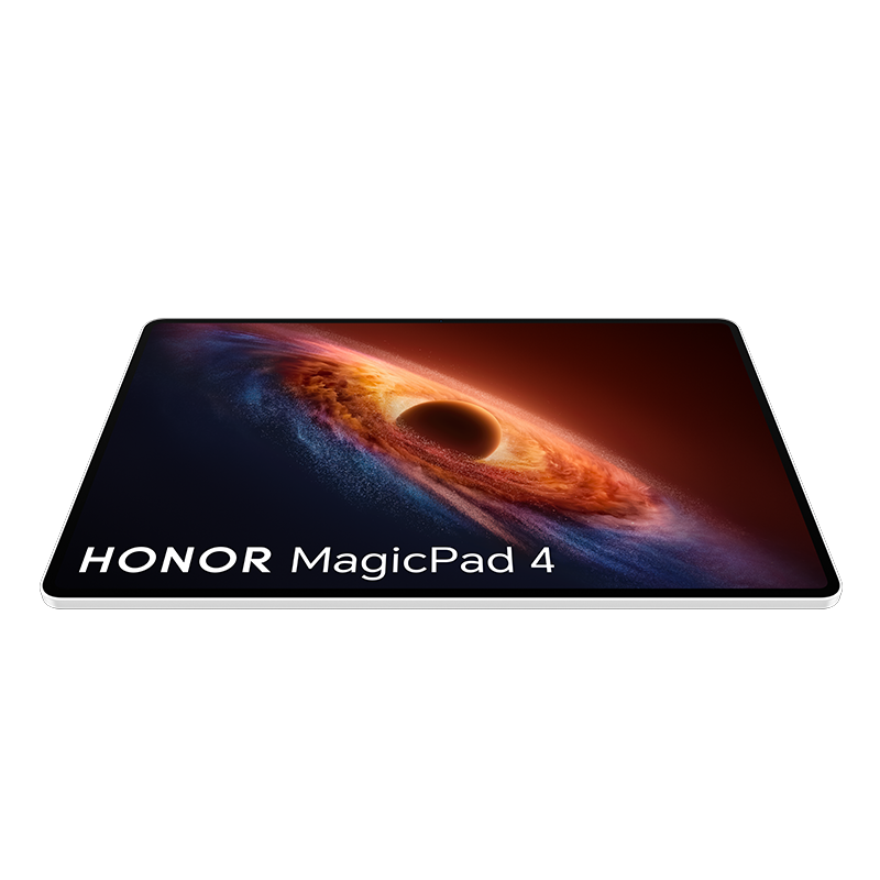 Tablet Honor MagicPad 4 sobre fondo negro con una colorida galaxia en la pantalla.