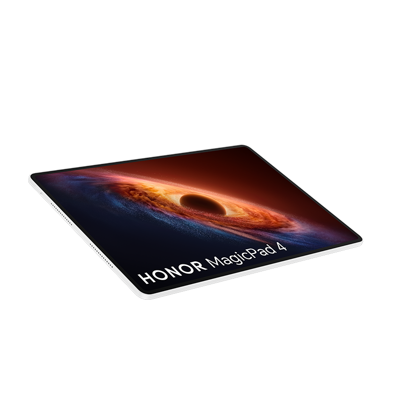 Una tablet blanca HONOR MagicPad 4 con pantalla colorida sobre fondo negro.