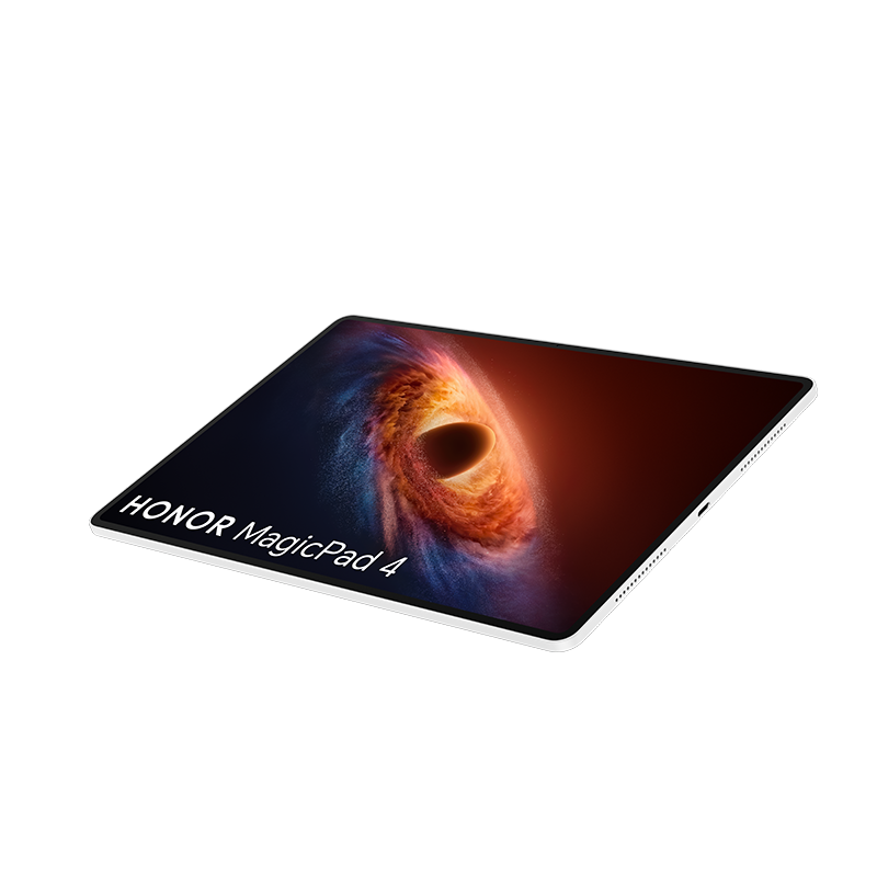 Tableta HONOR MagicPad 4 sobre fondo negro mostrando una galaxia colorida en la pantalla.