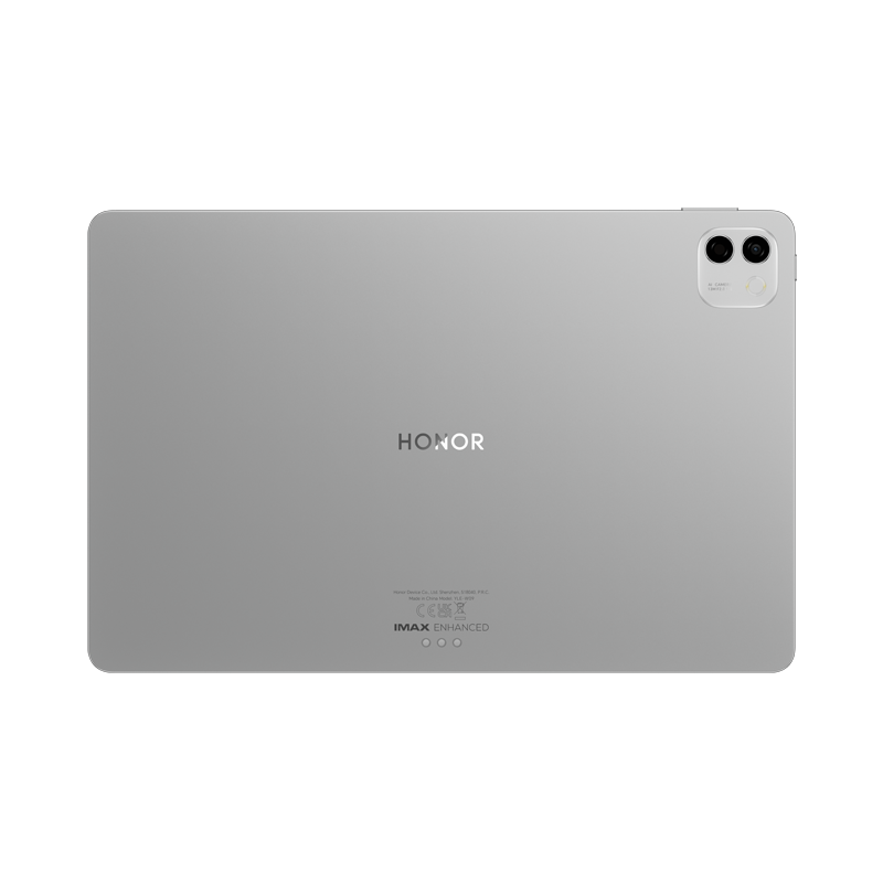 La parte trasera de una tablet Honor plateada con doble cámara y logotipo.