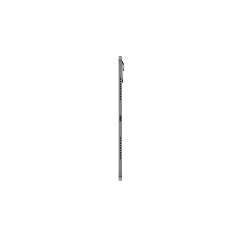 Vista lateral de una tablet delgada y oscura que muestra los altavoces y un puerto USB-C central.