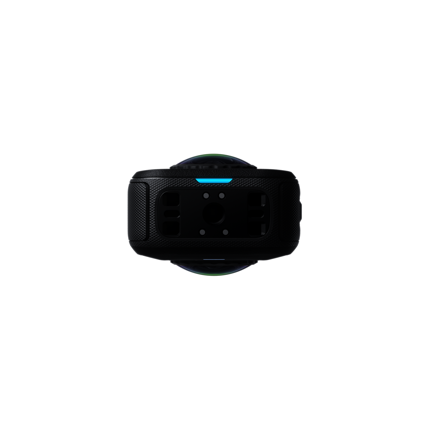 Cámara negra de 360 grados con una tira LED azul sobre fondo negro.