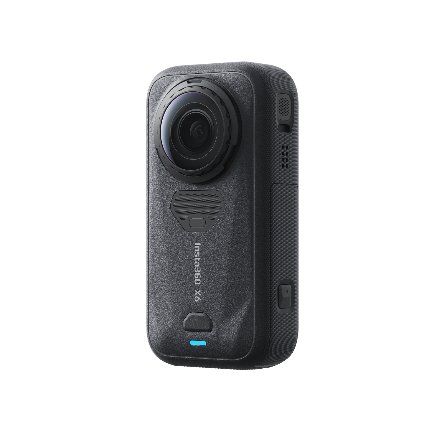 Una cámara negra Insta360 X6 con esquinas redondeadas, lente frontal y logo sobre fondo negro.