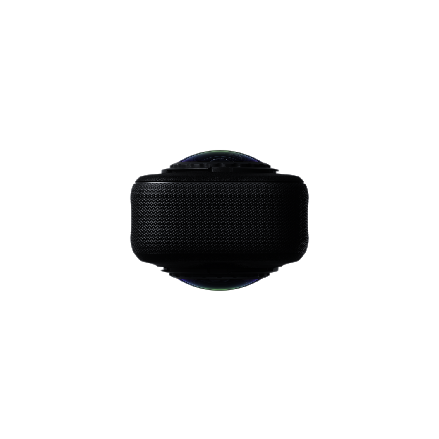 Cámara de 360 grados negra con agarre texturizado sobre fondo oscuro.