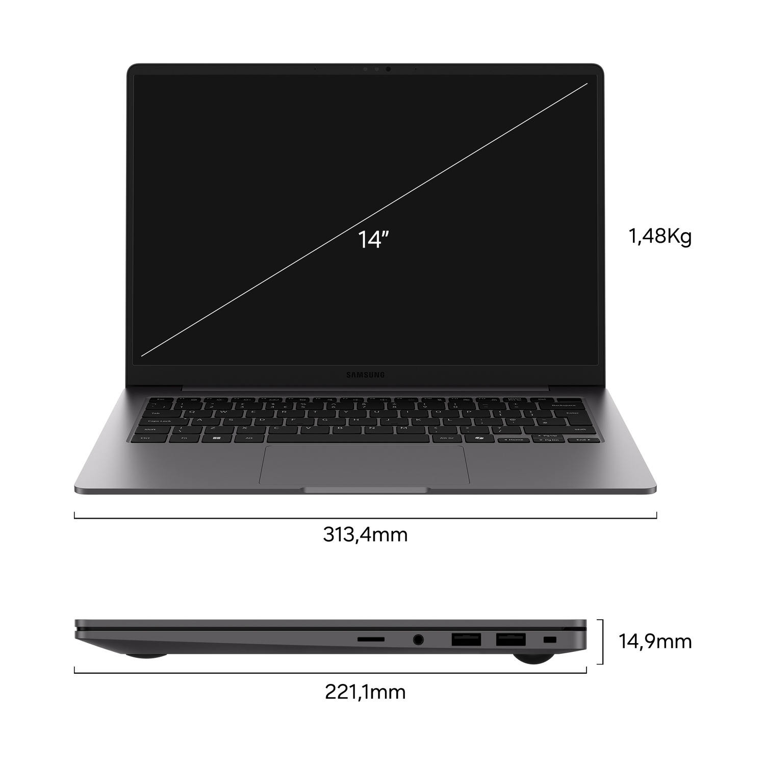 Disegno tecnico di un laptop Samsung con dimensioni di schermo, peso, larghezza, altezza e profondità.