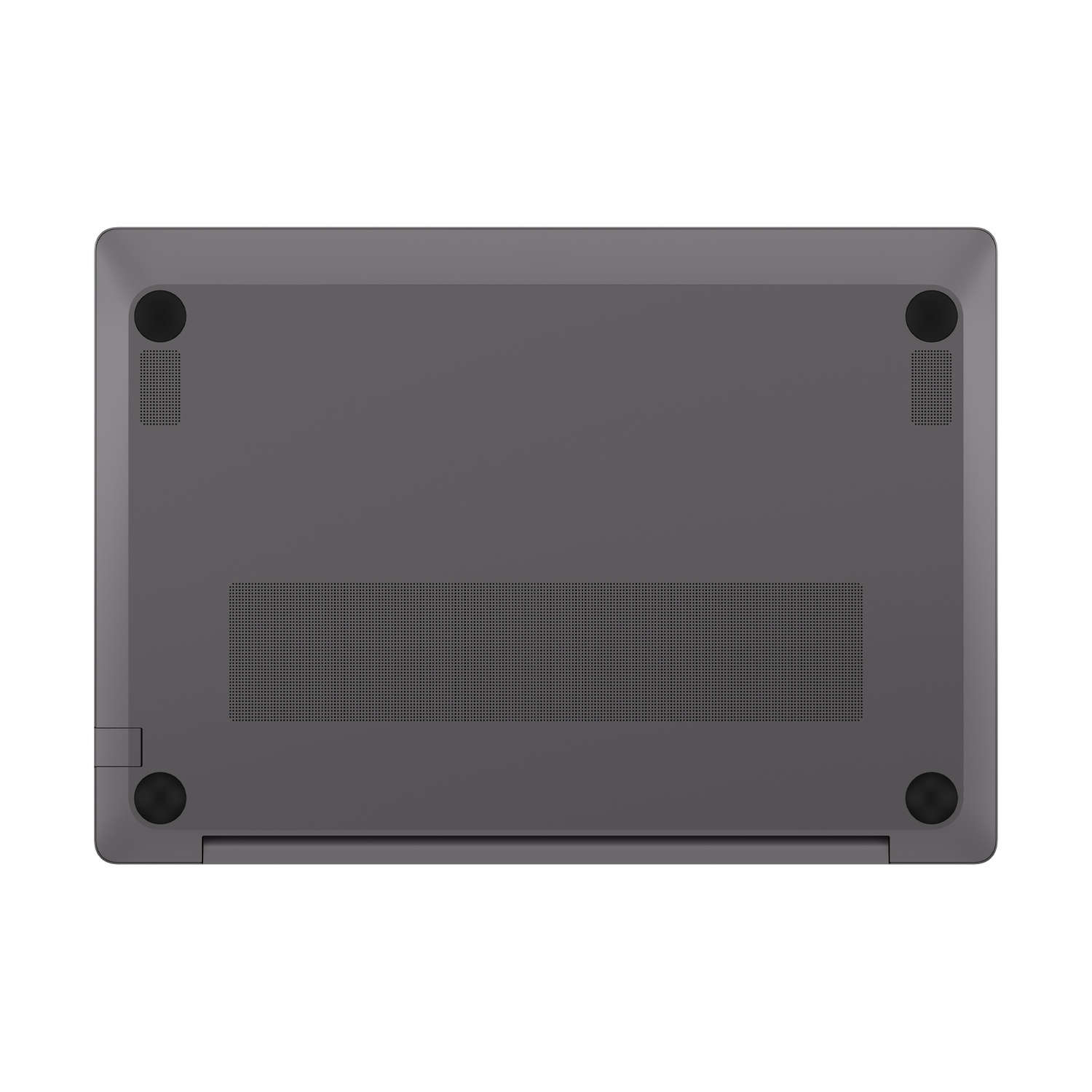 Vista inferiore di un laptop grigio con quattro piedini neri e griglie di ventilazione su sfondo bianco.