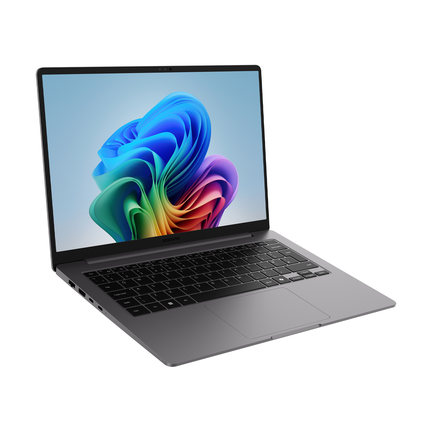 Un computer portatile Samsung grigio con uno sfondo astratto colorato sullo schermo, isolato su sfondo bianco.