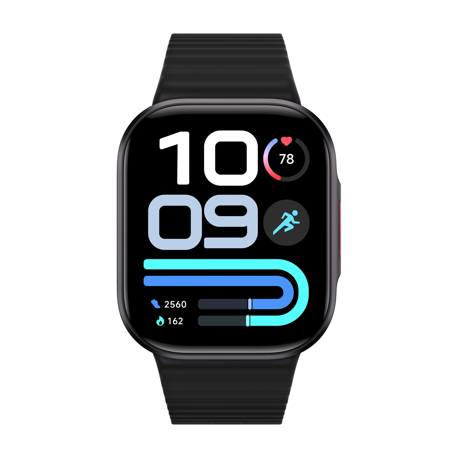 Uno smartwatch nero con schermo quadrato mostra l'ora 10:09, statistiche di fitness e un grafico a barre blu.