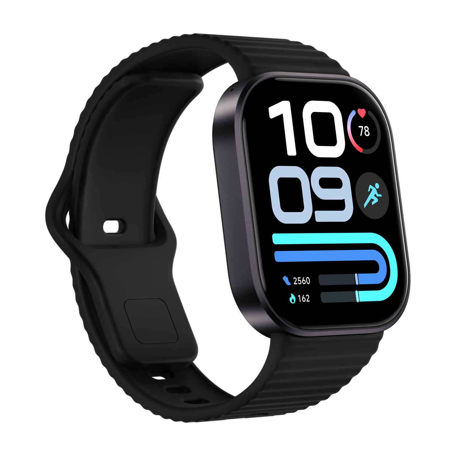 Smartwatch nero con display digitale dell'ora e metriche di attività.