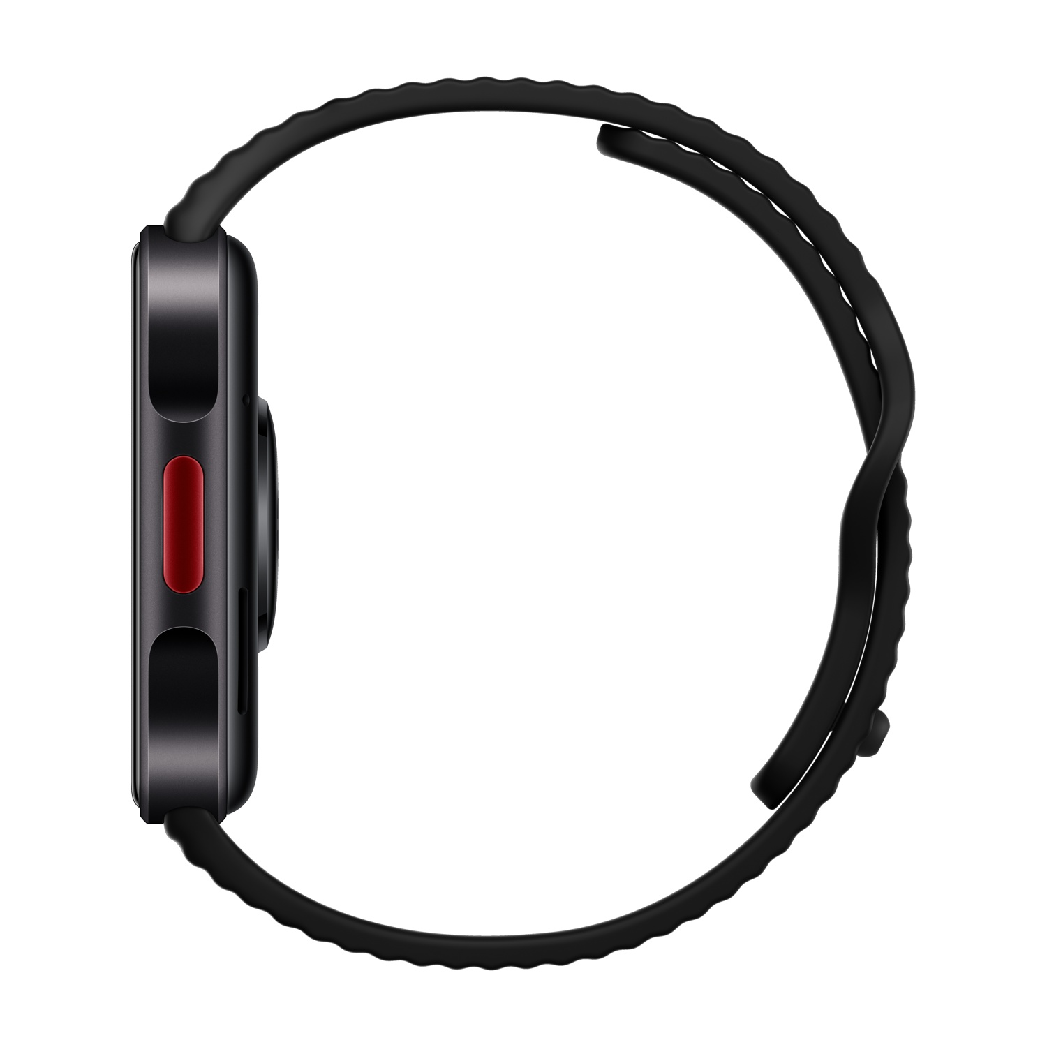 Vista laterale di uno smartwatch nero con un pulsante rosso sulla cassa e un cinturino in silicone nero su sfondo bianco.