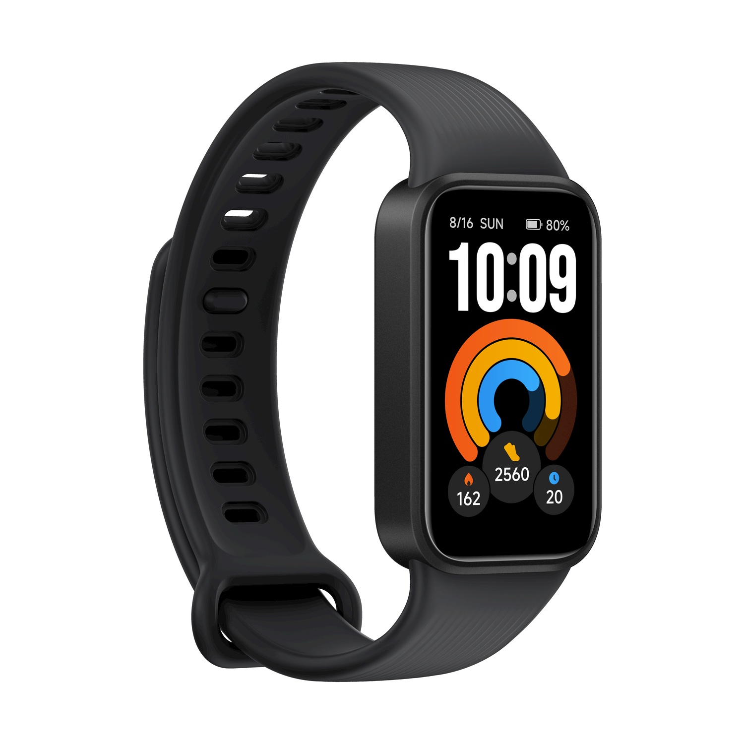 Smartwatch nero con display digitale e cinturino sportivo su sfondo bianco.