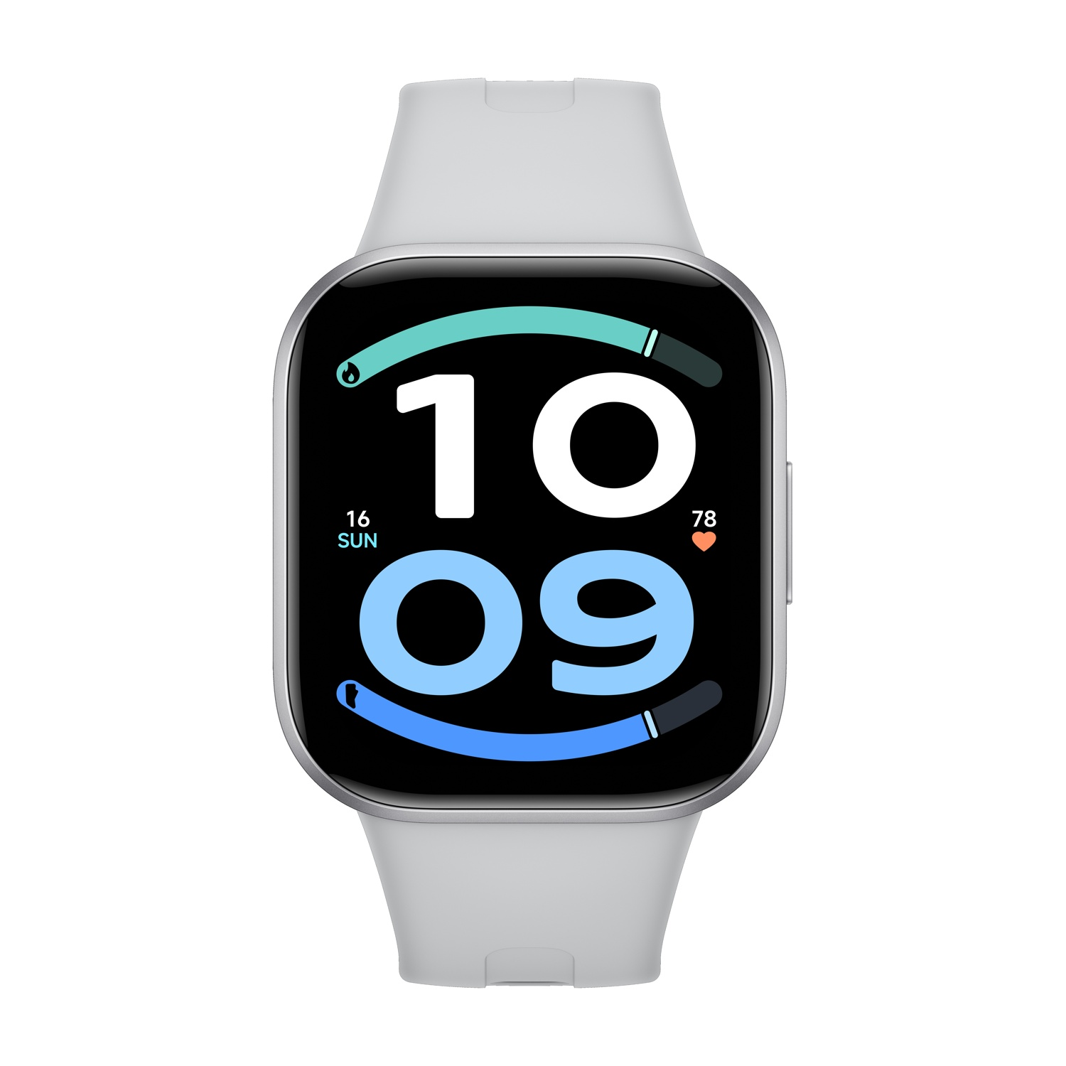 Smartwatch argento con cinturino chiaro e display nero che mostra le 10:09 e dati di fitness.