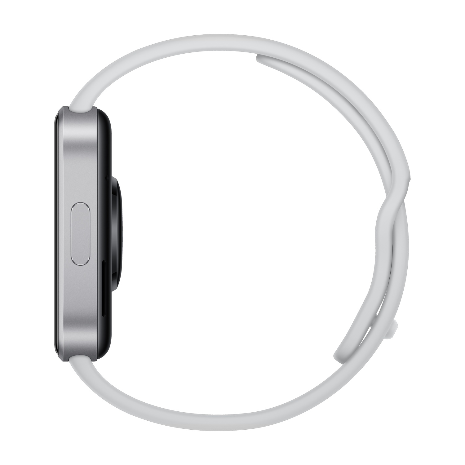 Vista laterale di uno smartwatch con cassa grigia e cinturino in silicone bianco su sfondo bianco.