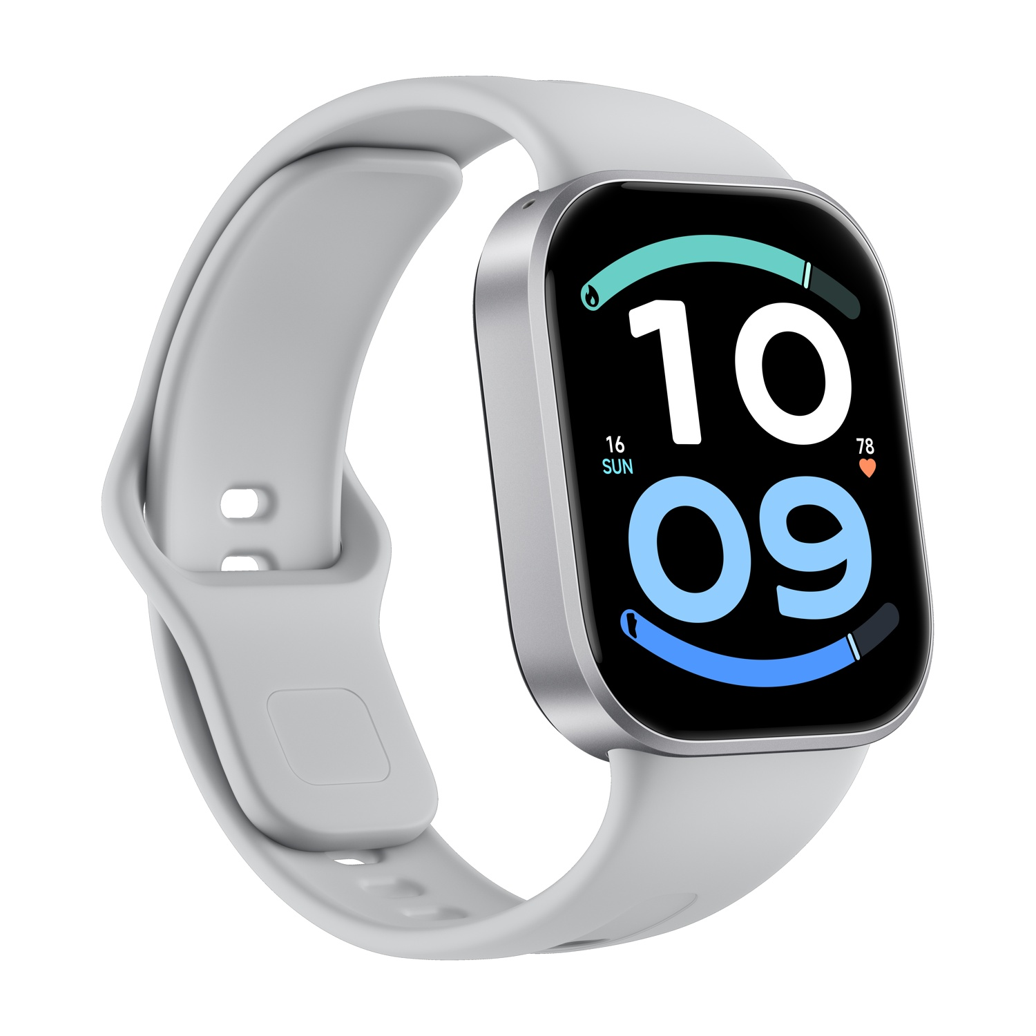 Uno smartwatch grigio con cinturino in silicone bianco mostra un quadrante digitale con data e ora 10:09.