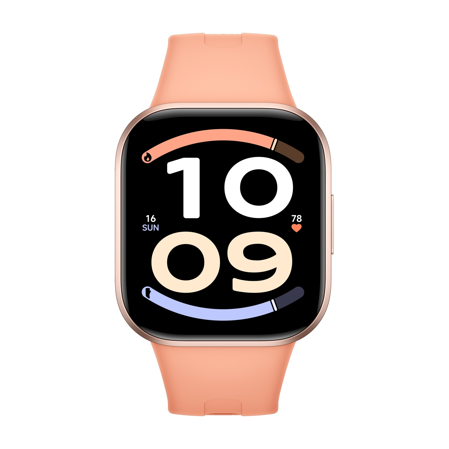 Smartwatch color pesca con display quadrato, orario digitale 10:09, data e indicatore della frequenza cardiaca.