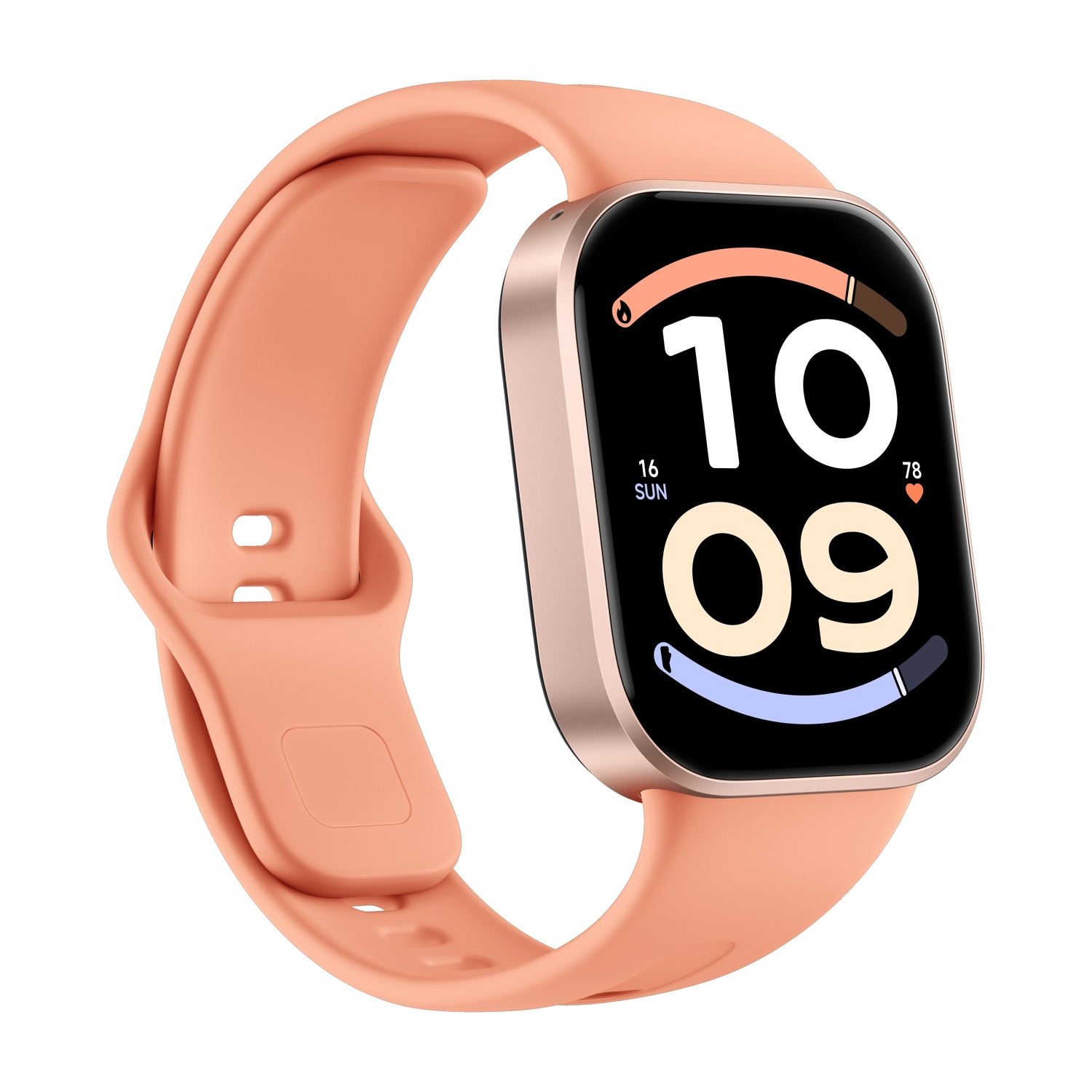 Smartwatch in oro rosa con cinturino in silicone pesca su sfondo bianco.