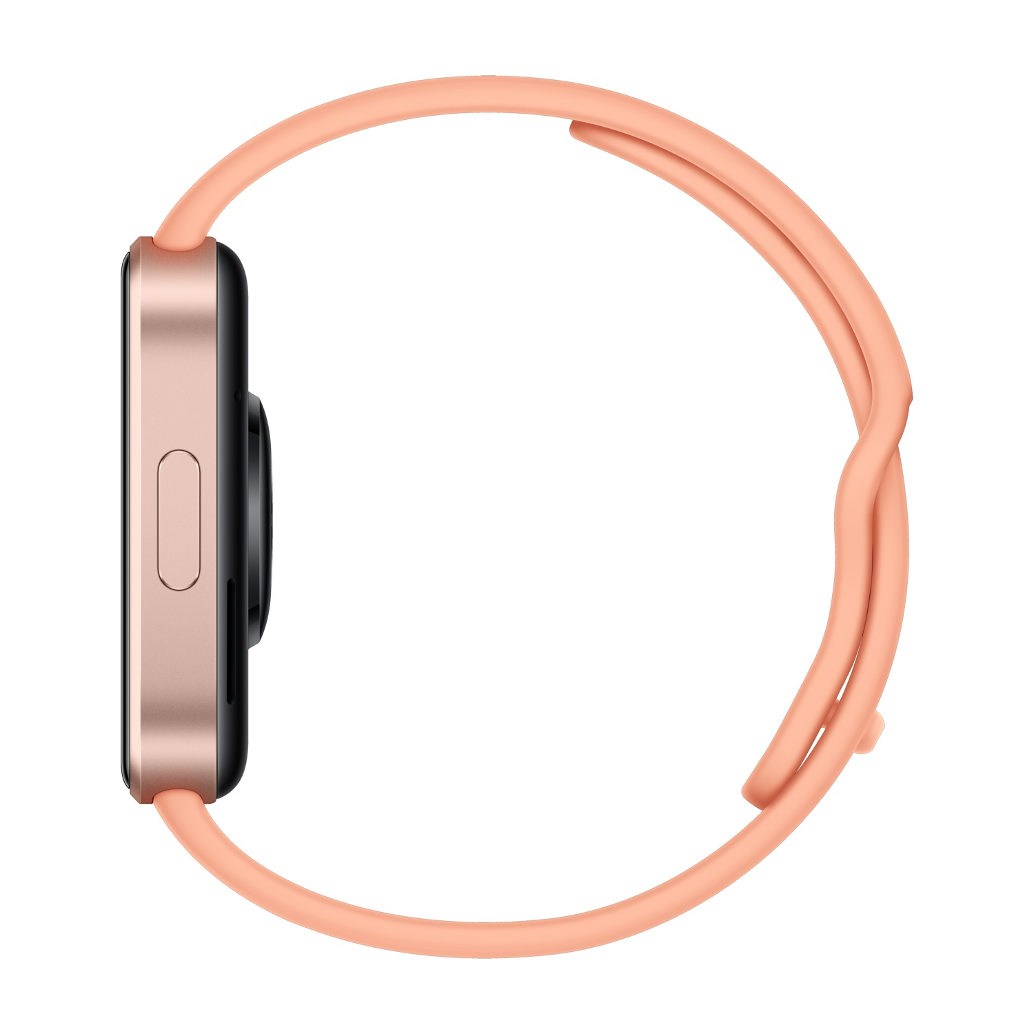 Vista laterale di uno smartwatch con cassa in oro rosa e cinturino in silicone arancione su sfondo bianco.