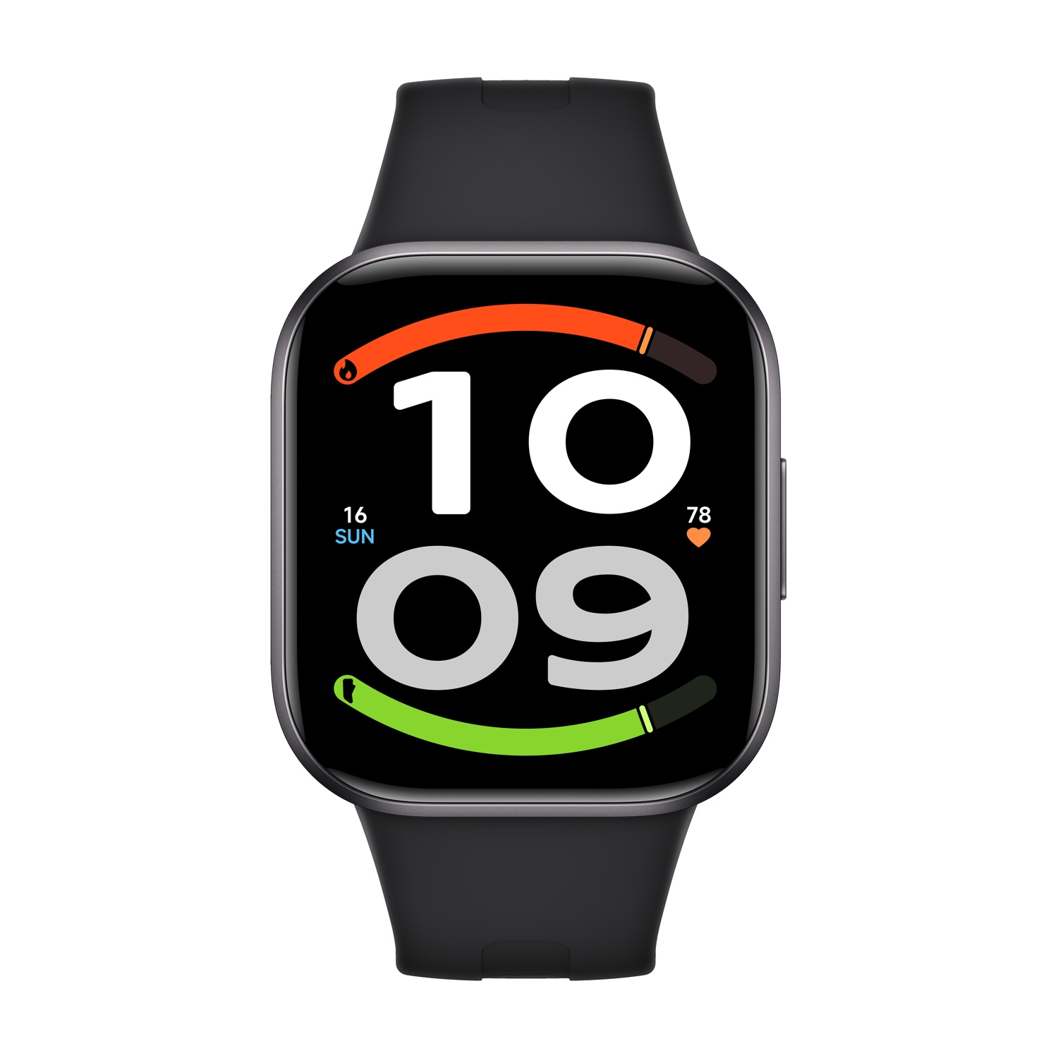 Smartwatch nero con ora digitale 10:09, anelli di attività e frequenza cardiaca sullo schermo.