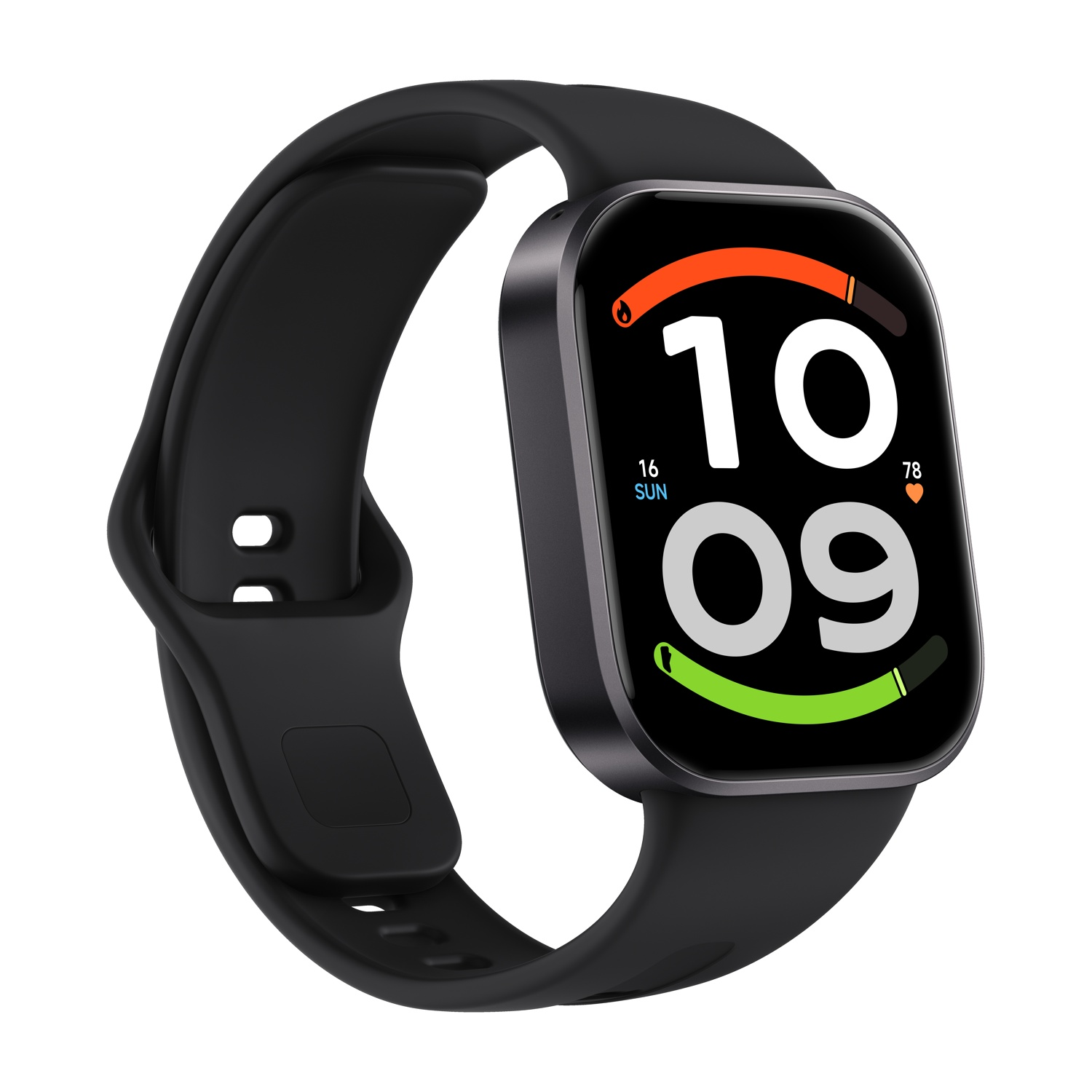 Smartwatch nero con display quadrato che mostra ora e dati di fitness.