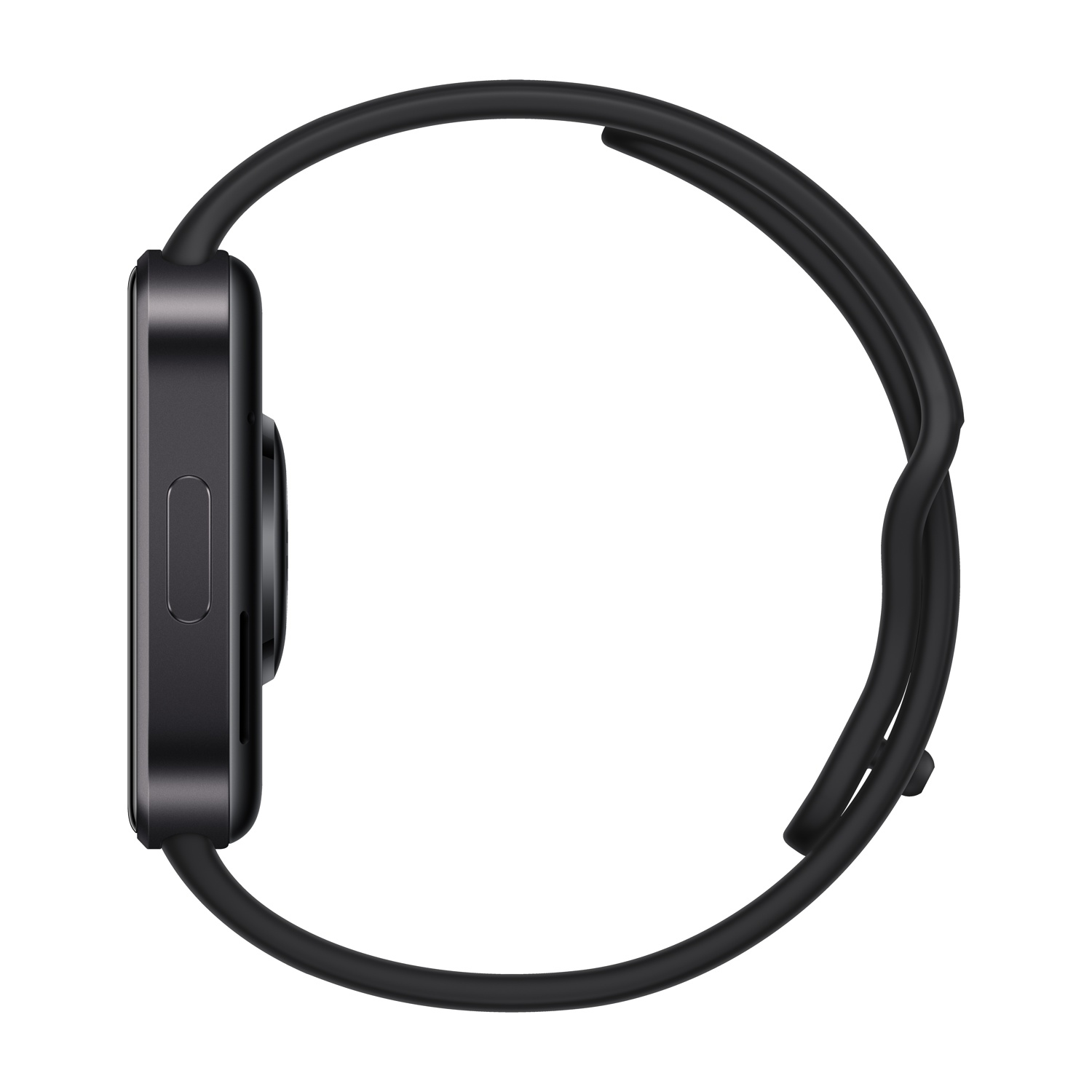 Vista laterale di uno smartwatch nero con cassa rettangolare e cinturino in silicone su sfondo bianco.
