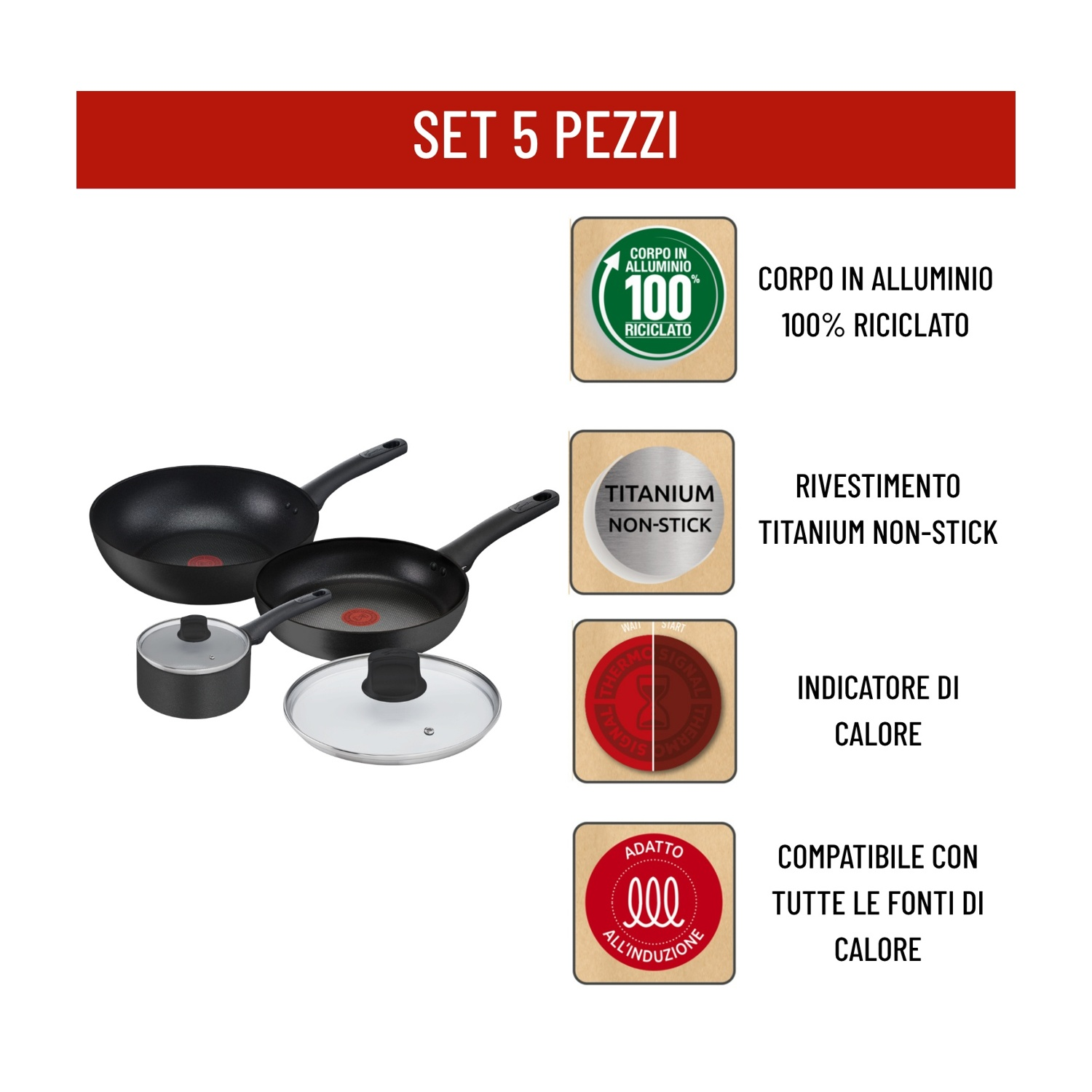 Set padelle LAGOSTINA Cucina Naturale, 5 pezzi, Compatibile con Induzione e Gas, Ø 18/24/28 cm, Alluminio, Rivestimento Titanium Antiaderente, Nero