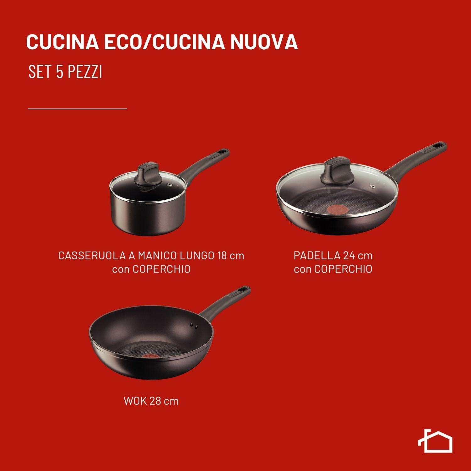 Set padelle LAGOSTINA Cucina Eco, 5 pezzi,Compatibile con Induzione e Gas, Ø 18/24/28 cm, Alluminio, Rivestimento Titanium, Nero