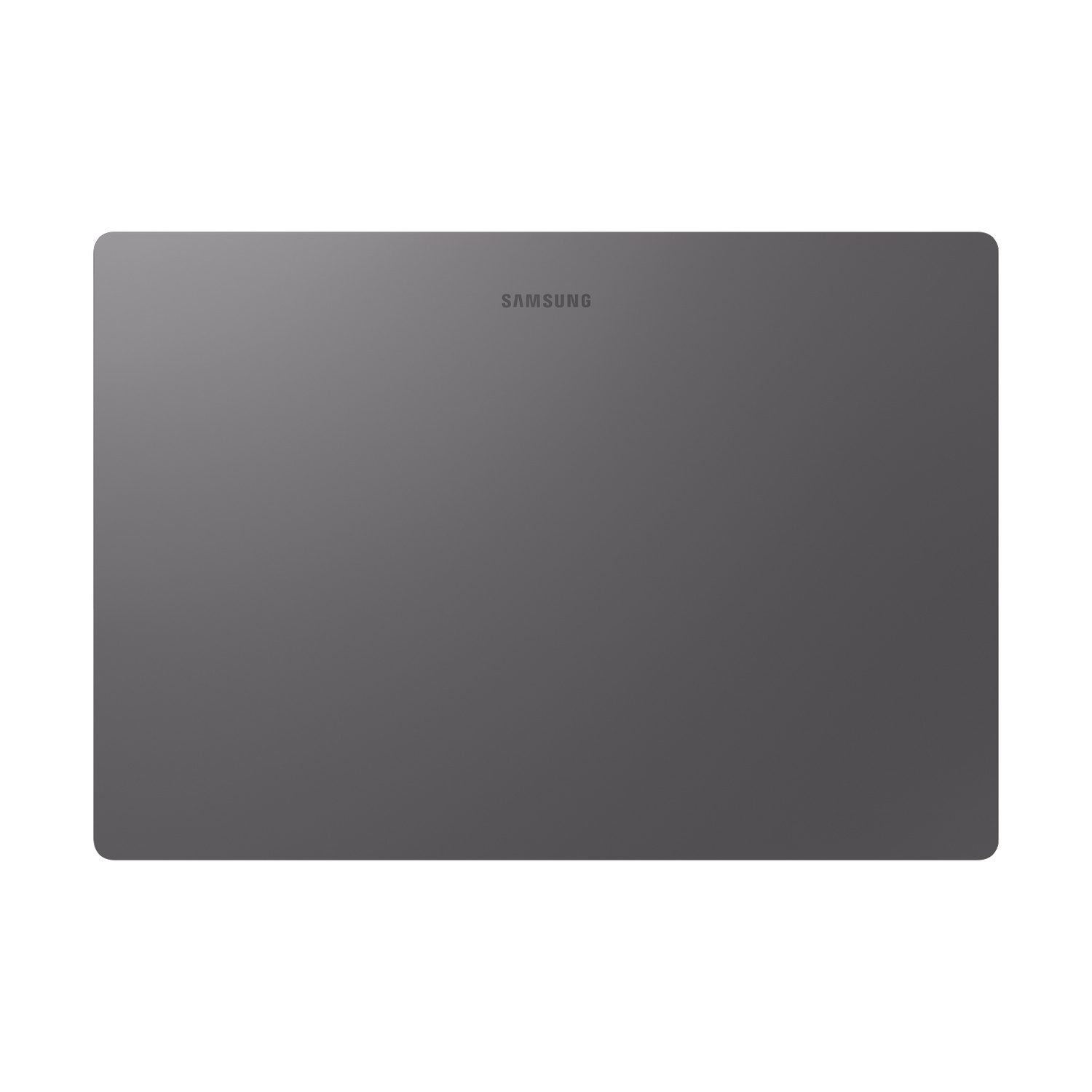 Un computer portatile grigio con il logo Samsung al centro.