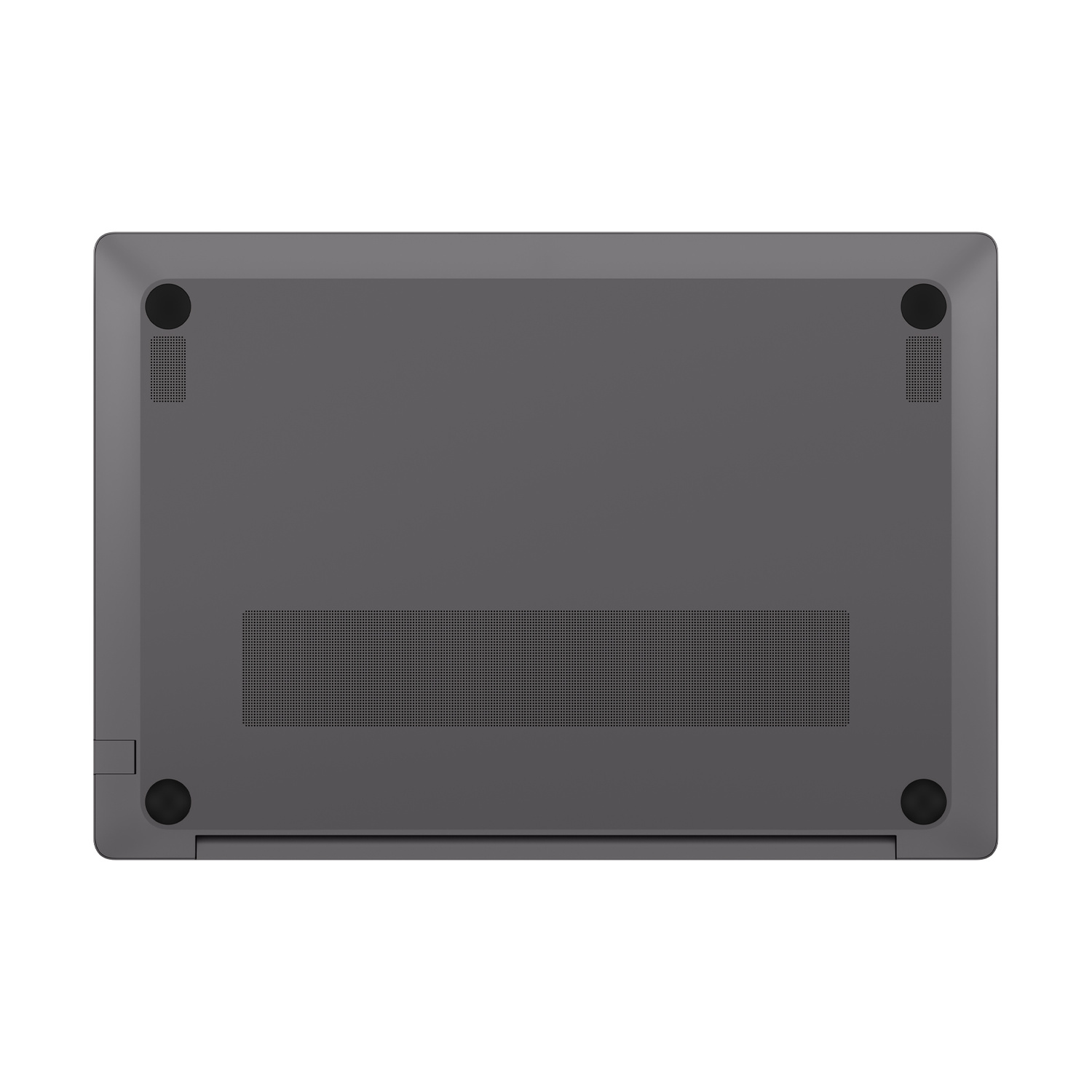 La parte inferiore di un computer portatile grigio con quattro piedini neri e griglie di ventilazione.