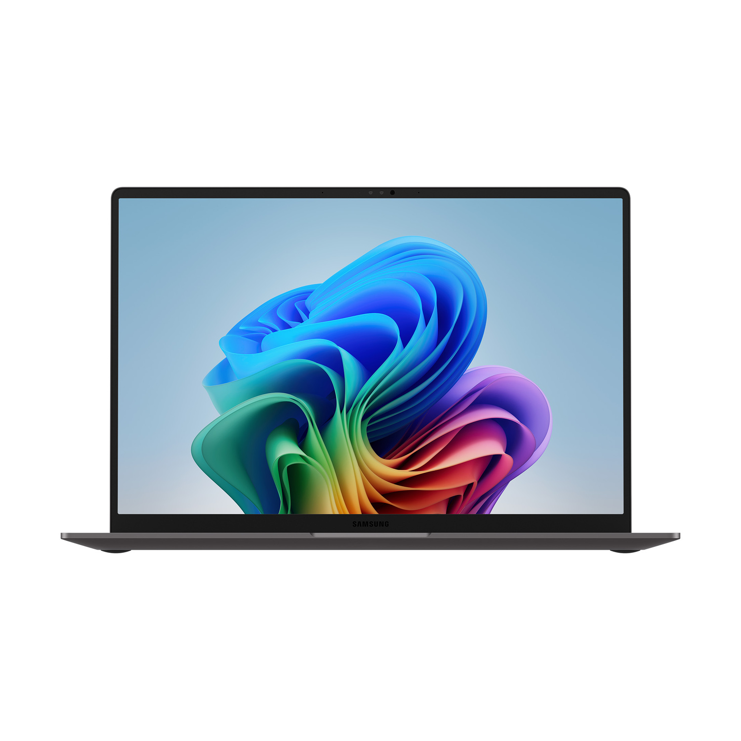 Un computer portatile scuro che mostra uno sfondo astratto vibrante e colorato sullo schermo.