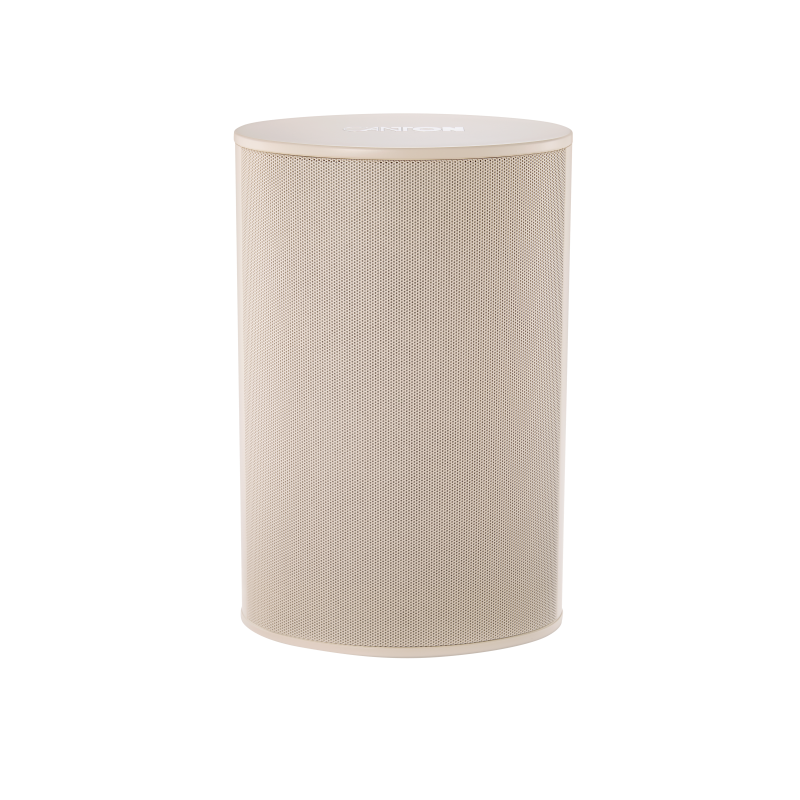 Ein zylinderförmiger Lautsprecher in Beige vor schwarzem Hintergrund.