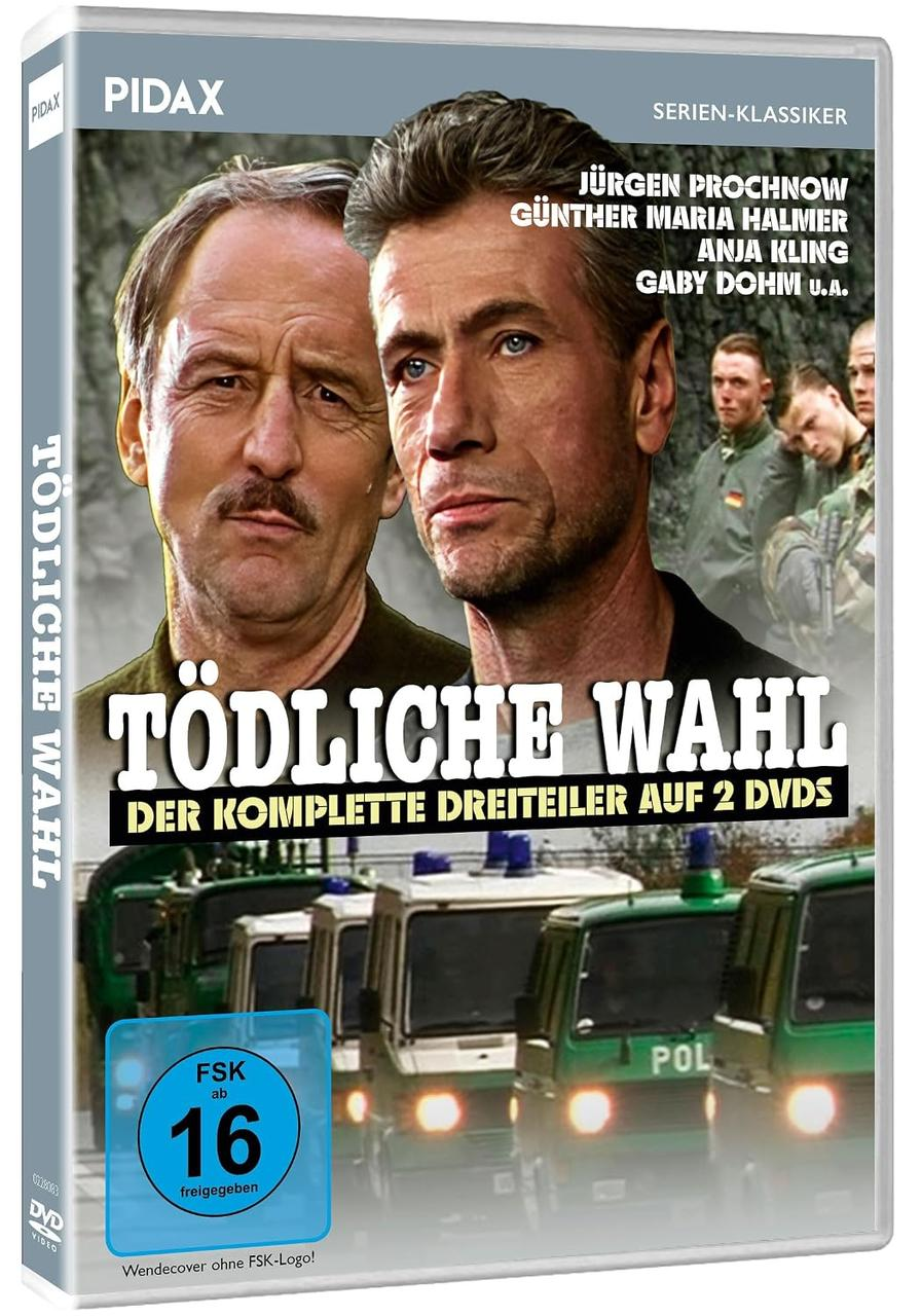 DVD-Cover Todliche Wahl mit zwei Schauspielern im Vordergrund und Polizeiautos im Hintergrund.