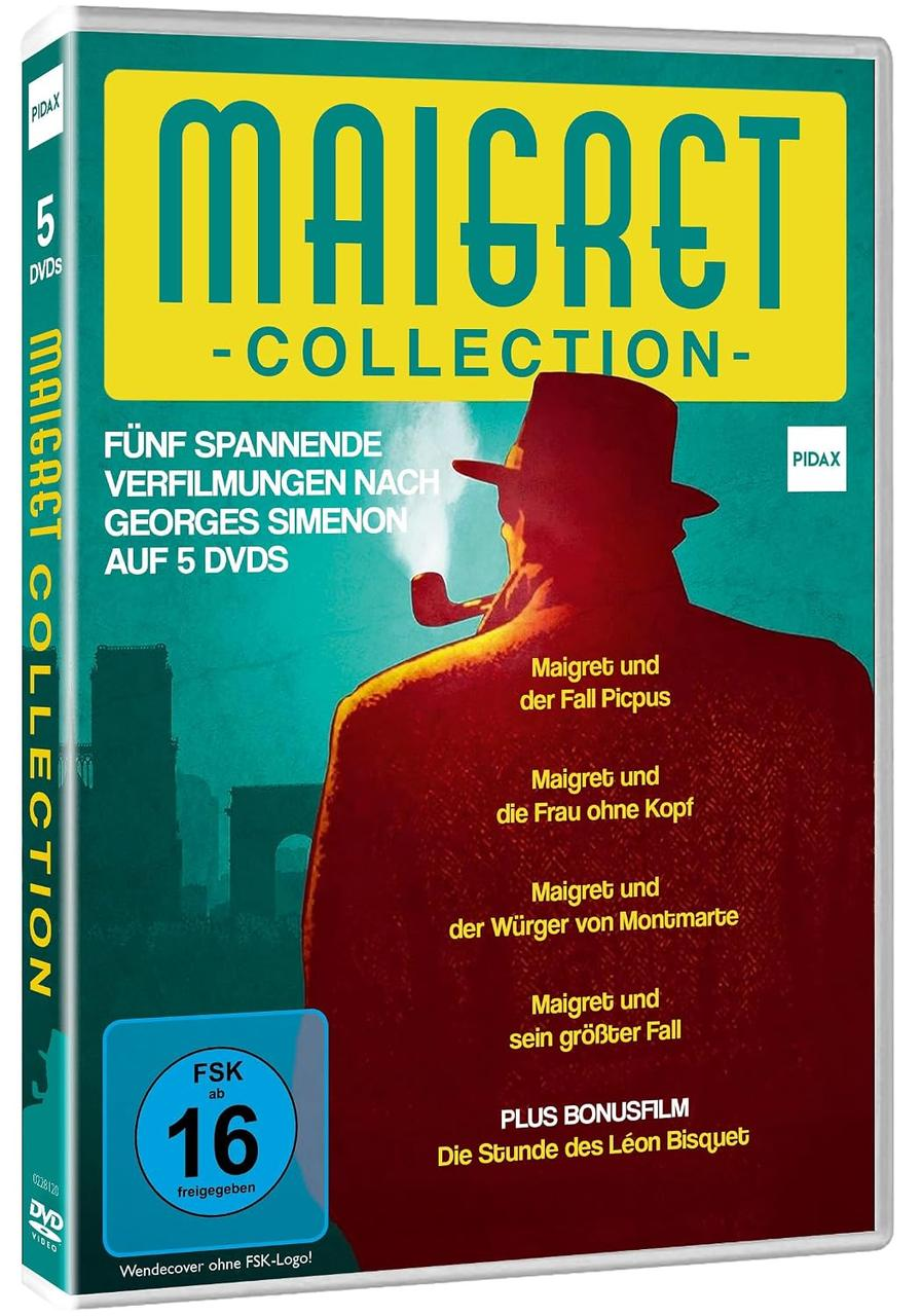 DVD-Hülle der Maigret Collection mit roter Silhouette, Hut, Pfeife vor nächtlicher Stadt und gelbem Titel.