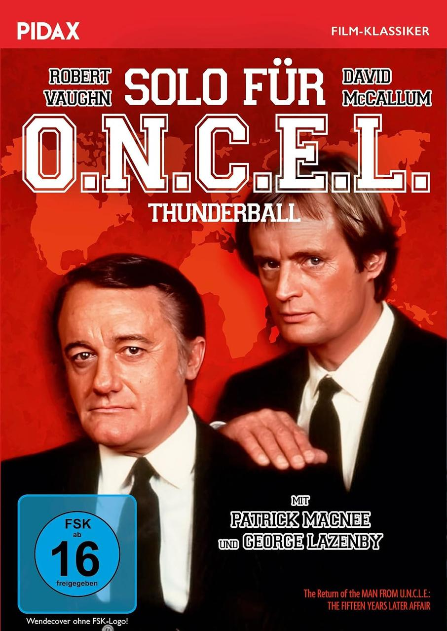 DVD-Cover von Solo für O.N.C.E.L. mit Robert Vaughn und David McCallum vor rotem Hintergrund.