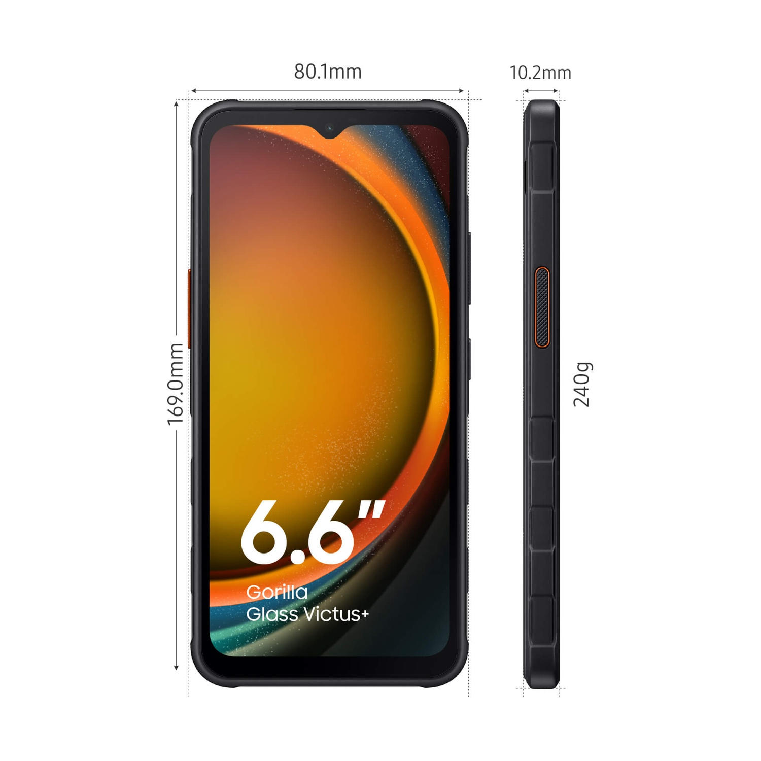 Vista frontale e laterale di uno smartphone nero con dimensioni 169x80,1x10,2mm e peso 240g.