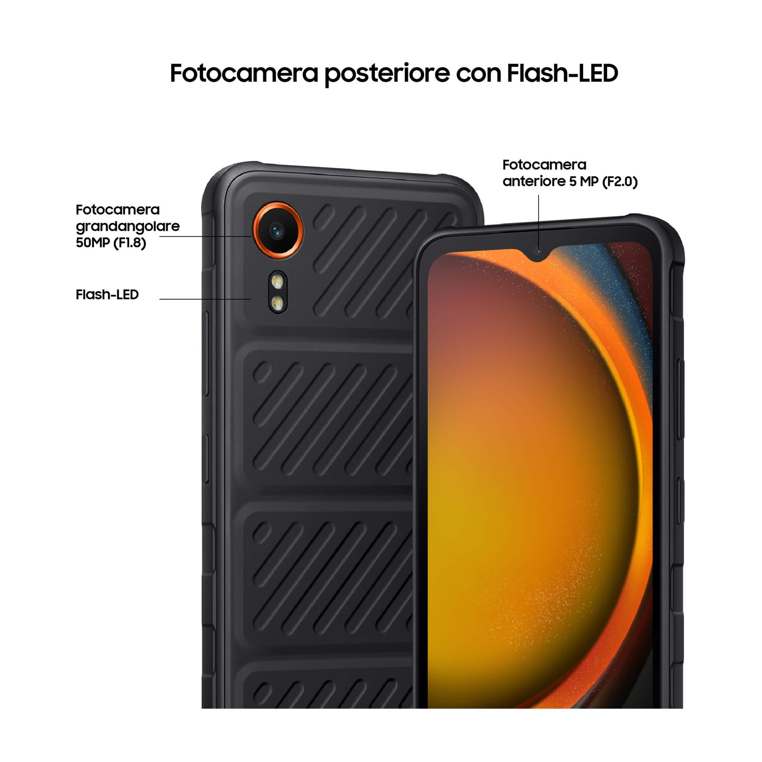 Diagramma dello smartphone con fotocamera posteriore da 50MP e anteriore da 5MP.