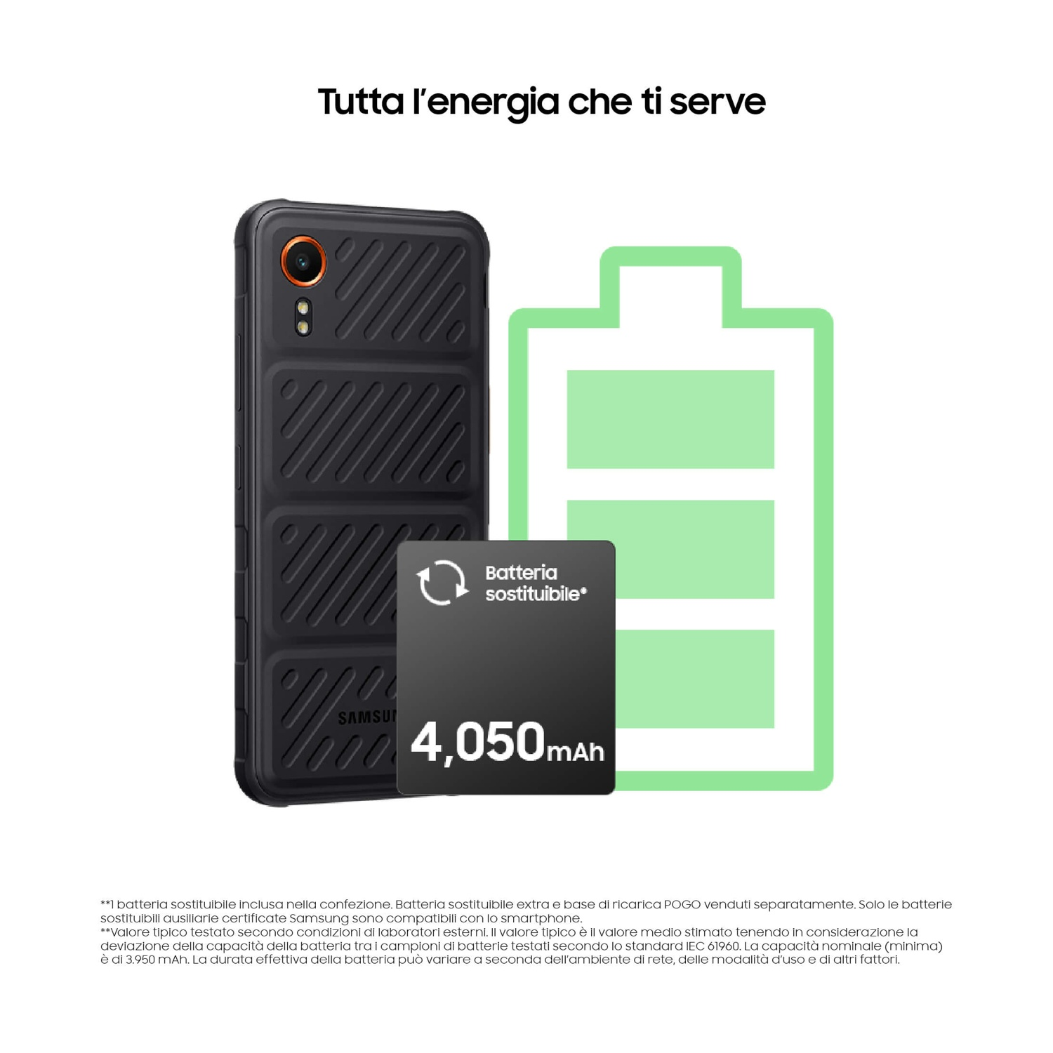 Smartphone con batteria sostituibile e icona della batteria verde con la scritta 4.050 mAh.