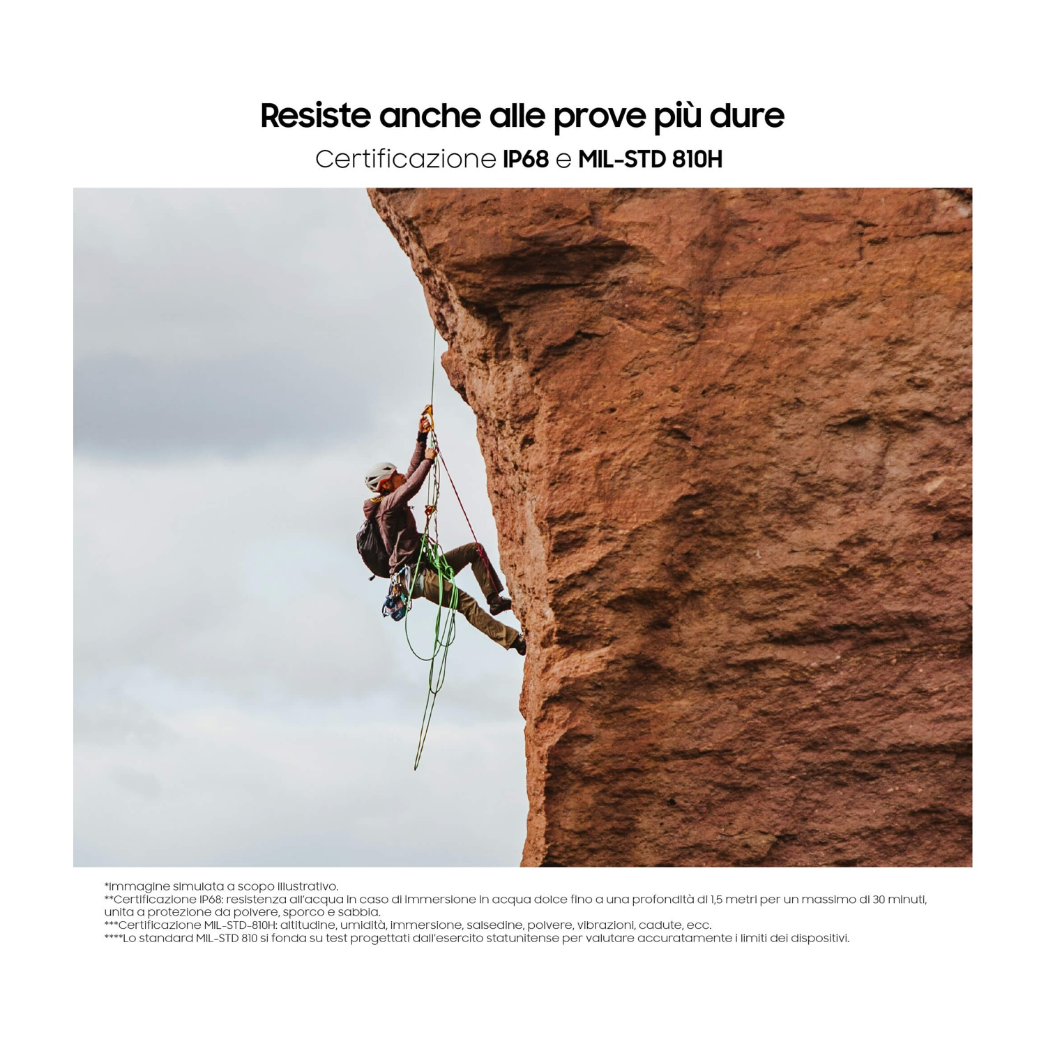 Un rocciatore è appeso a una ripida parete rocciosa sotto un cielo grigio.