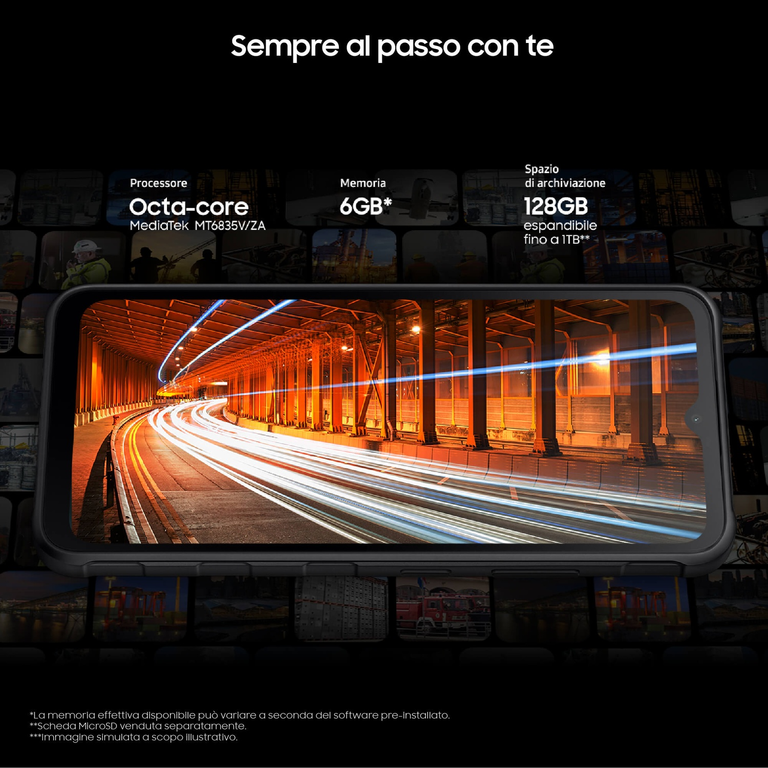 Smartphone che mostra un'autostrada a lunga esposizione con specifiche come processore octa-core, 6 GB di RAM e 128 GB.