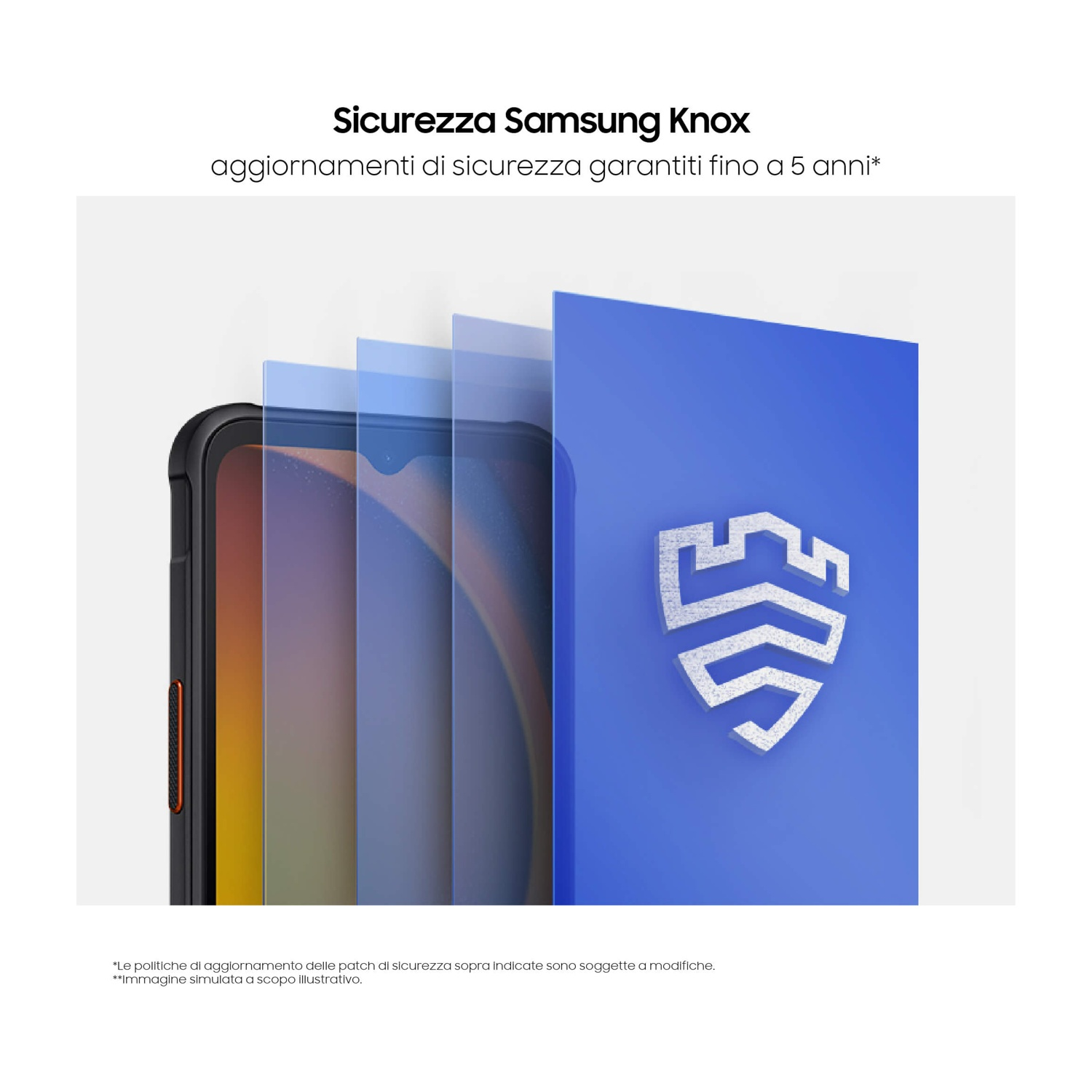 Banner di sicurezza Samsung Knox con smartphone e scudo su sfondo chiaro.